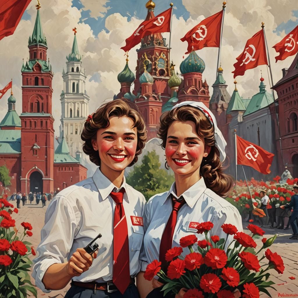 Smiling Couple with Soviet Flag: Vintage Postcard Style