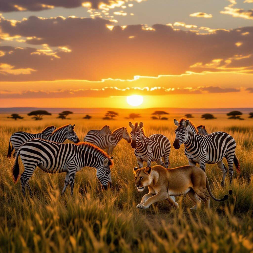 Lioness Stalks Zebras in Savanna at Golden Hour