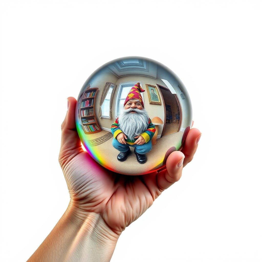 Gnome Holding Reflective Sphere: Hyperrealistic Digital Sket...