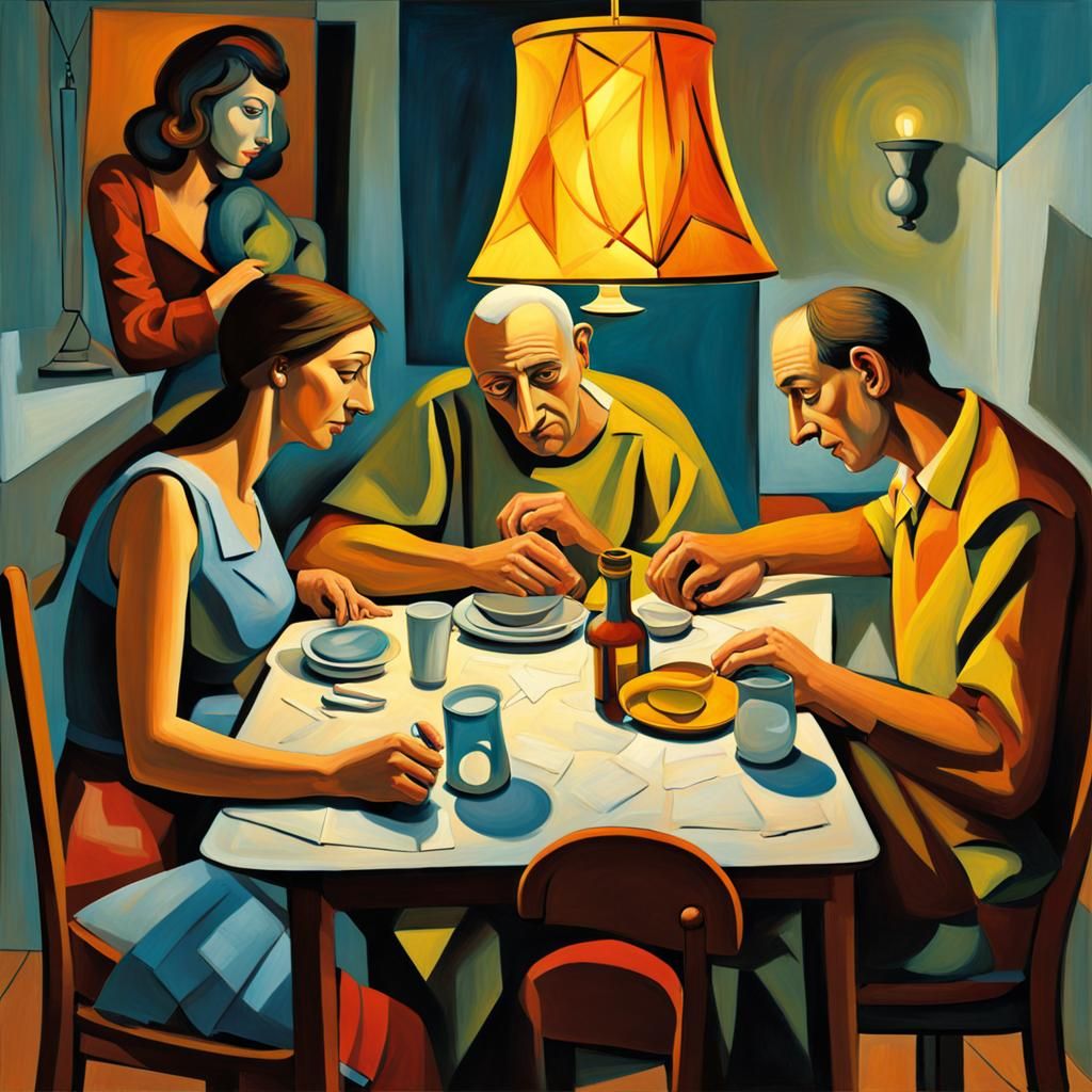 Family at Table in Picasso Style