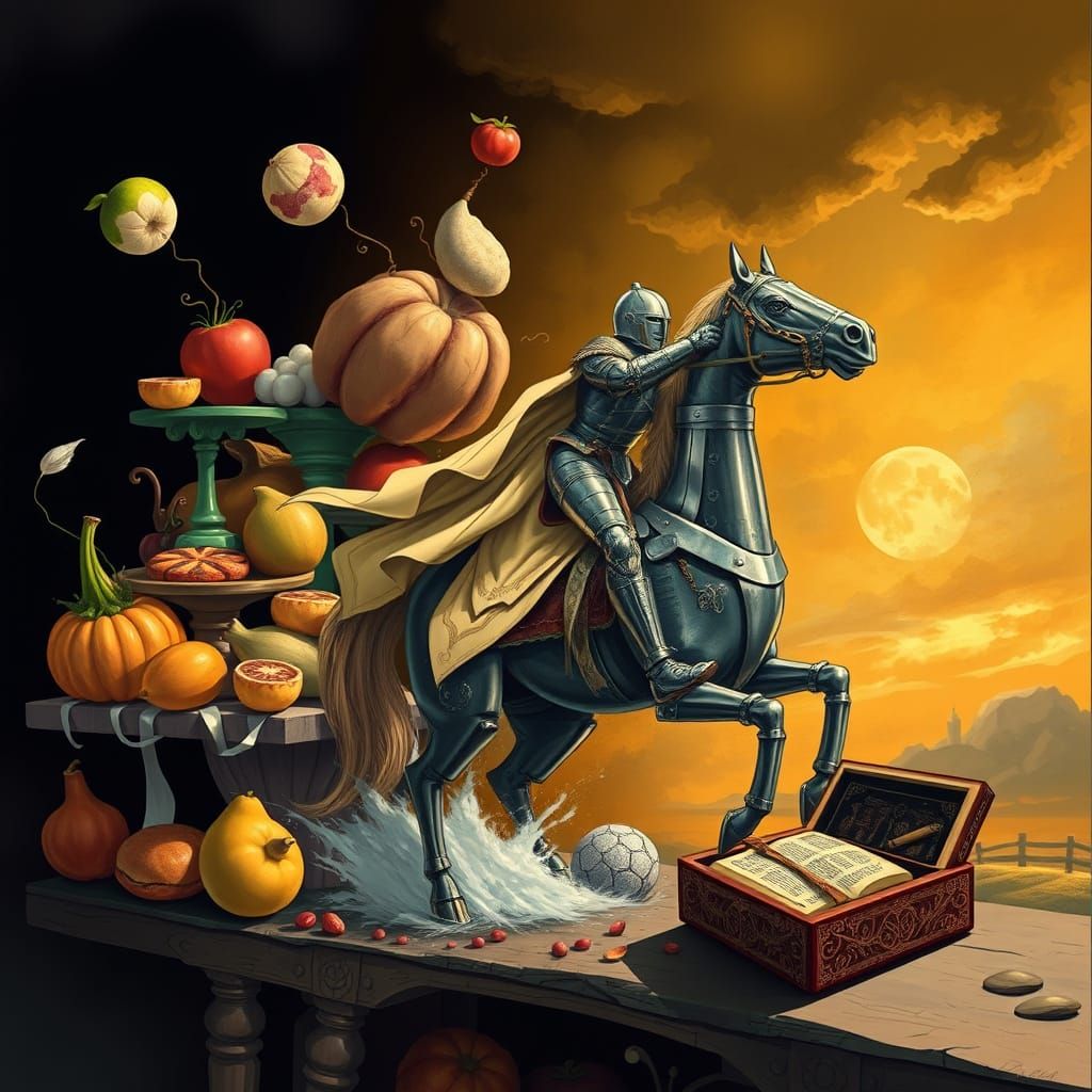 Surrealist Still Life of Mutated Foods in Rich Velvety Darkn...