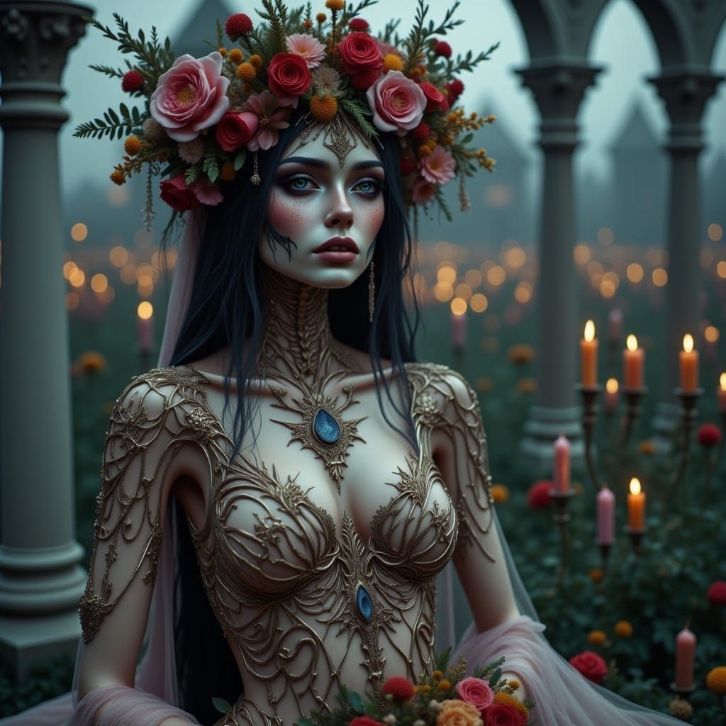 Elegant Skeletal Bride in Cemetery, Tim Burton Style