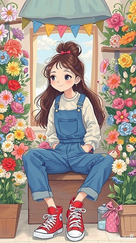 Una joven de cabello castaño sentada en un puesto de flores,...