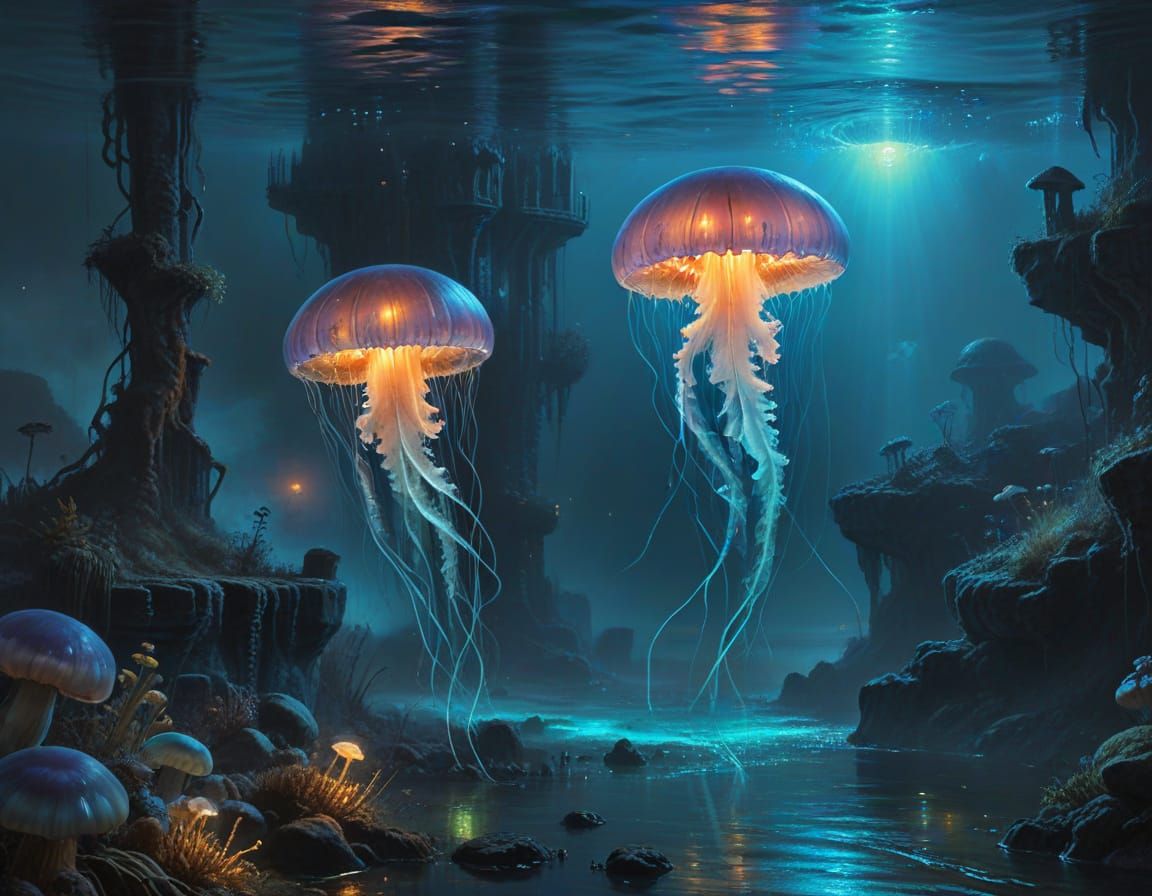 Ethereal Bioluminescent Jellyfish in a Sunken City Twilight ...
