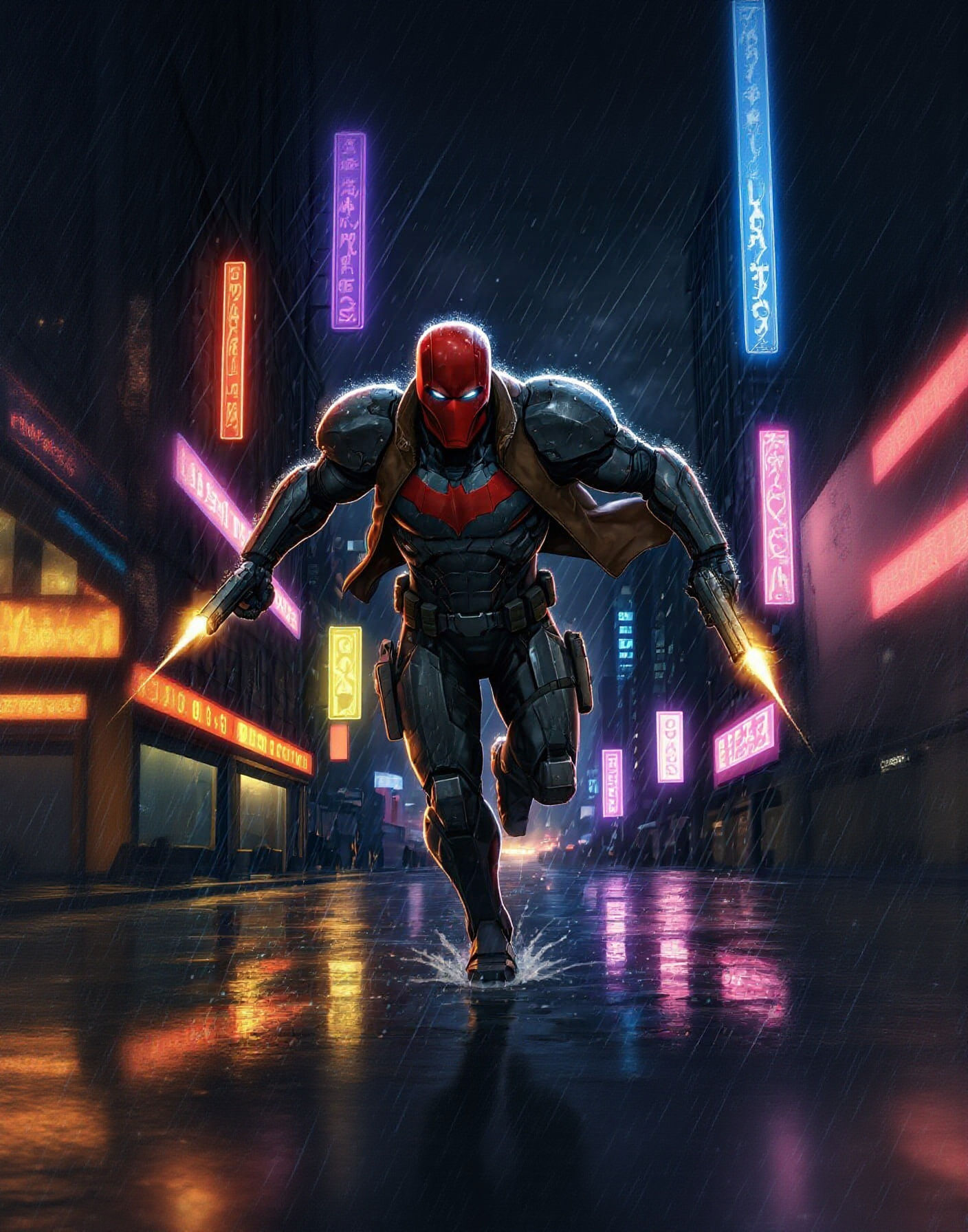 Red Hood Running with Guns in Rainy City