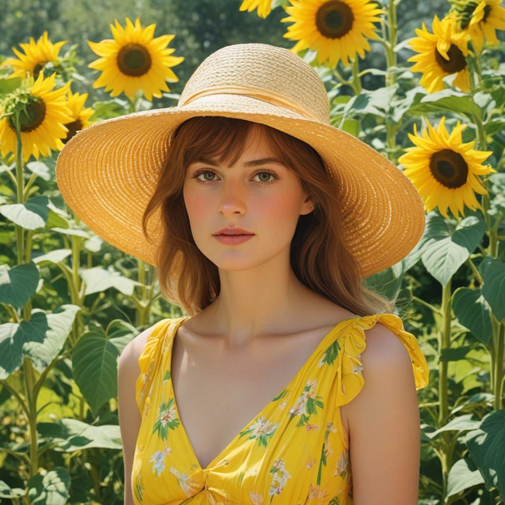 Woman in Sunflower Field with Impressionist Touch