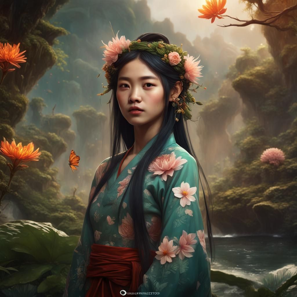 Vietnamese Girl in Harmony with Nature: Fantasy Art