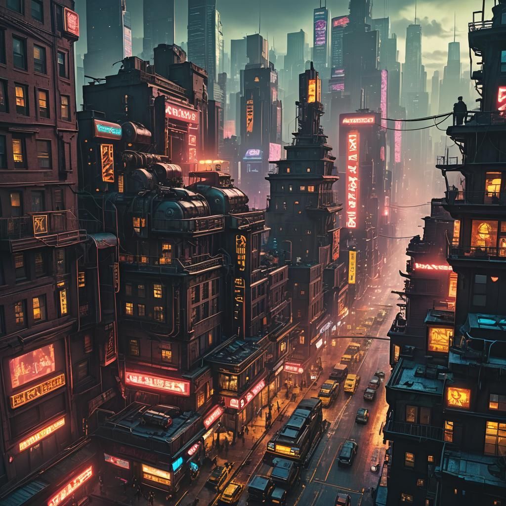 Steampunk Cyberpunk New York City in Neon