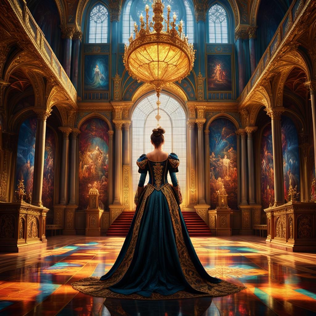 Regal Woman in Opulent Throne Room: Baroque Painting