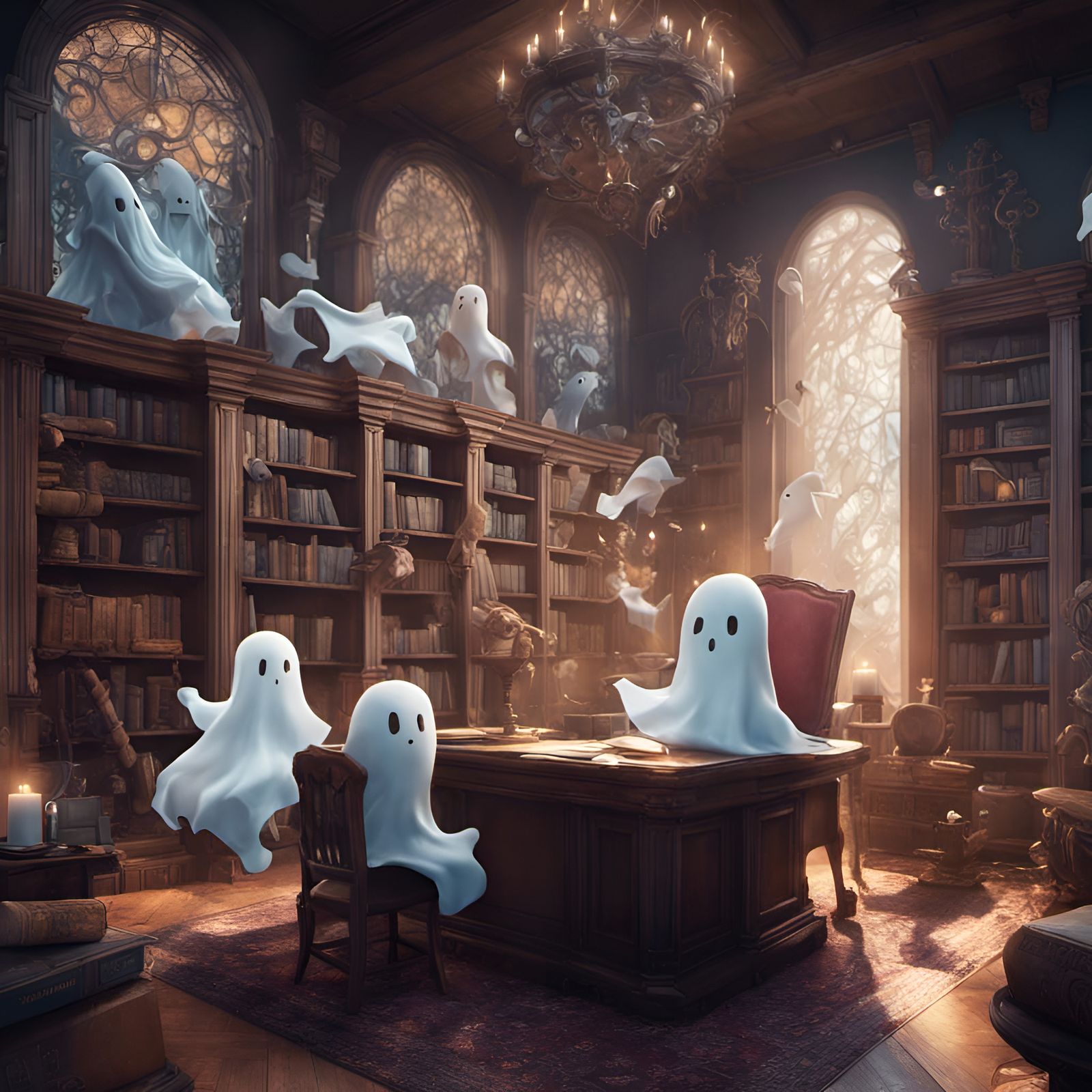 Cute Ghosts Visit the Library: Detailed Matte Painting