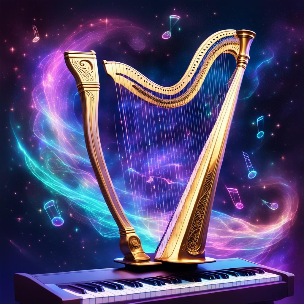 Futuristic Harp with Holographic Keyboard in Digital Art