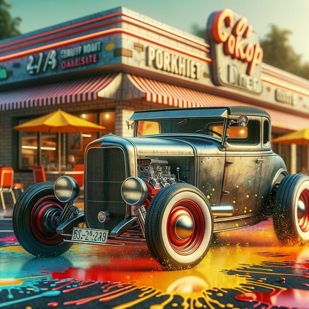 Vintage Hot Rod in Diner Parking Lot