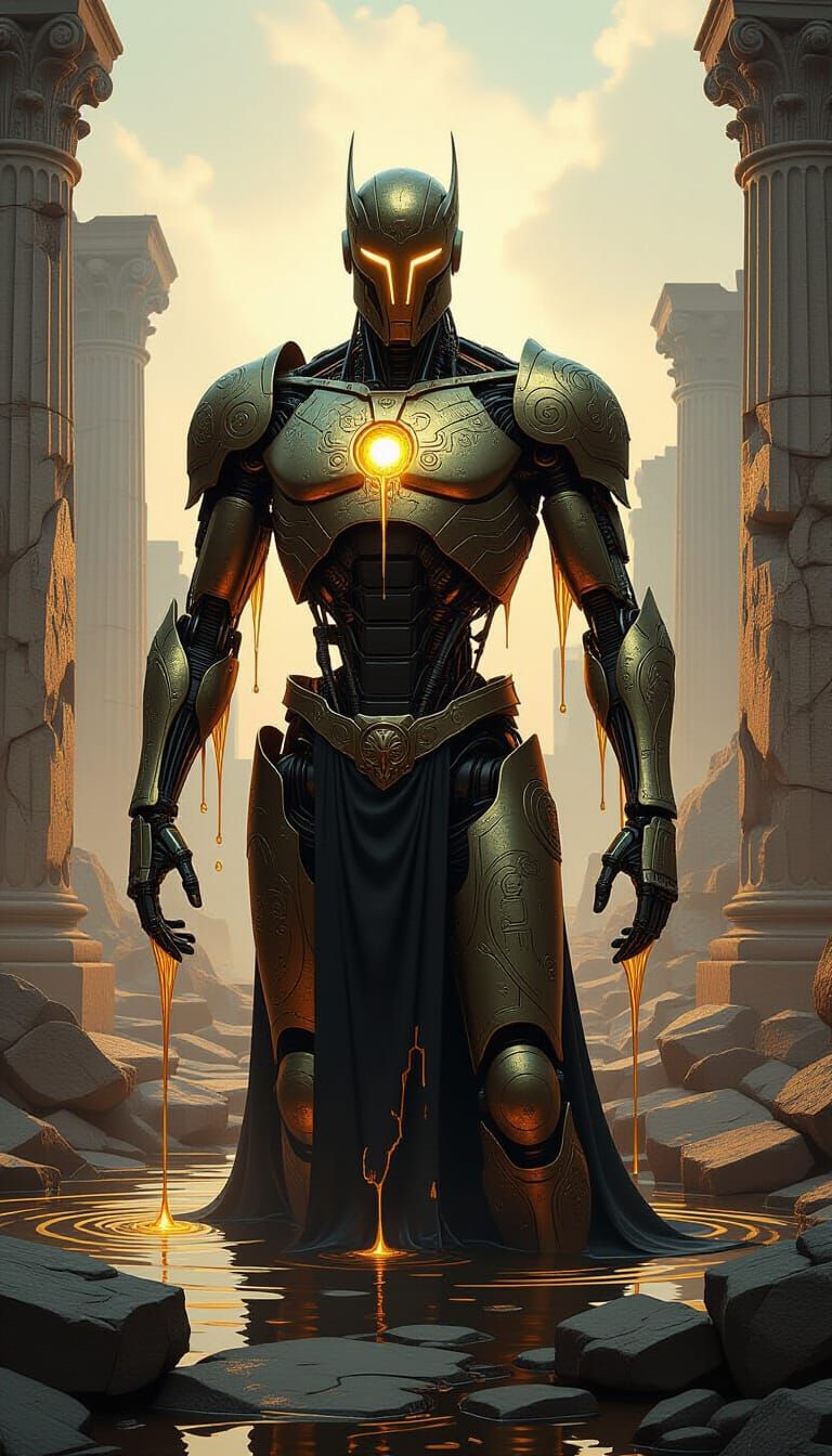 Ancient AI Construct in Mythological Ruins, Oil Painting Sty...