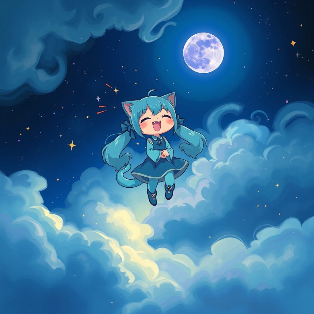 Whimsical Catgirl in Dreamlike Nighttime Scene