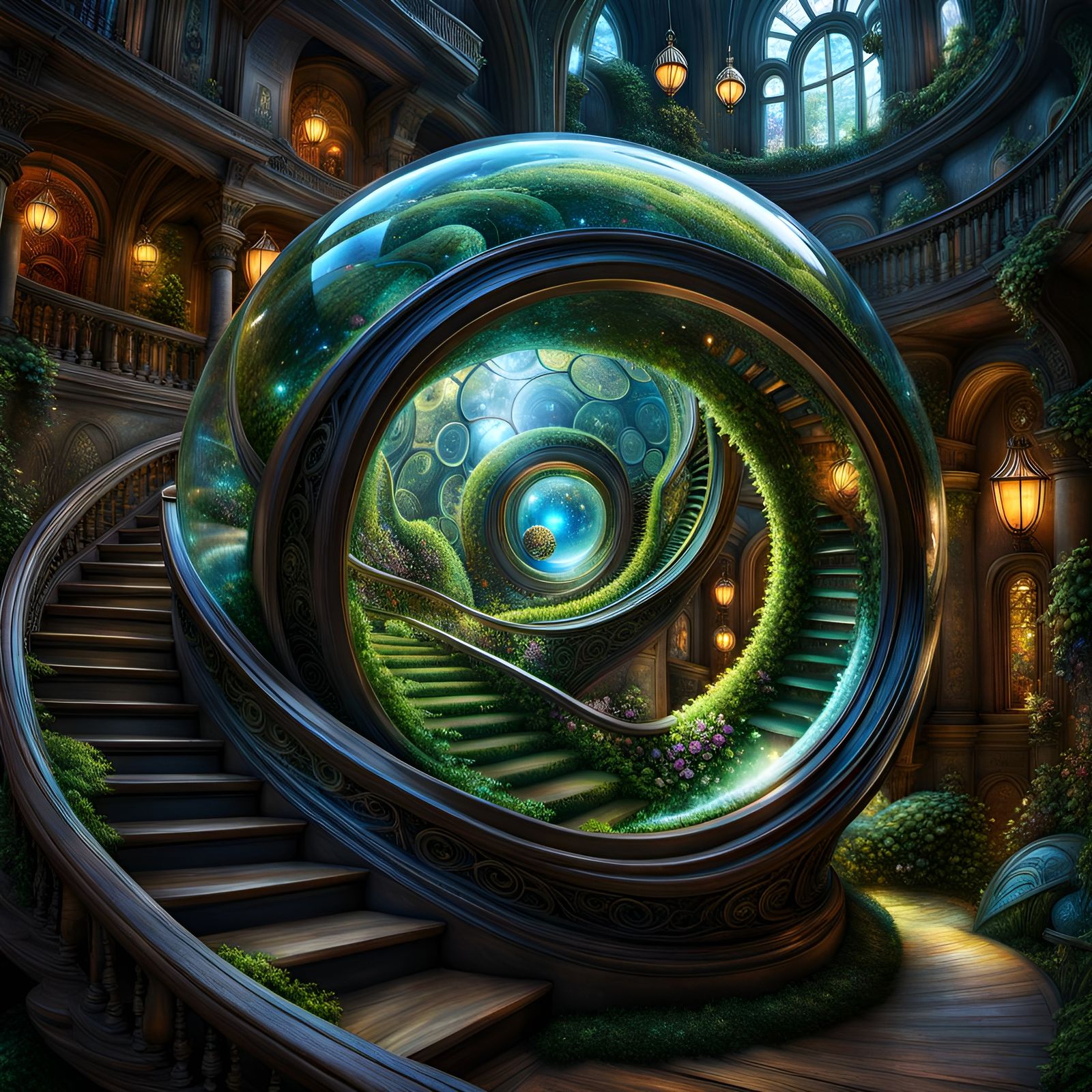 Fantasy Galaxy Staircase in Glass Ball, Digital Illustration
