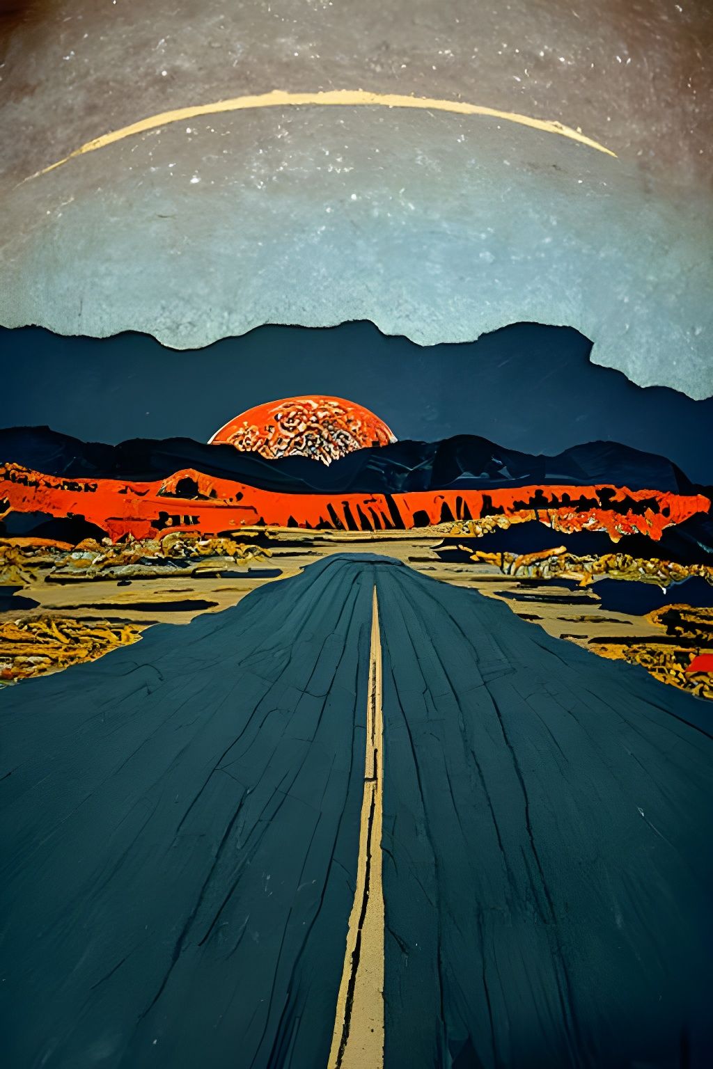 California Route 66 Woodblock Print at Night