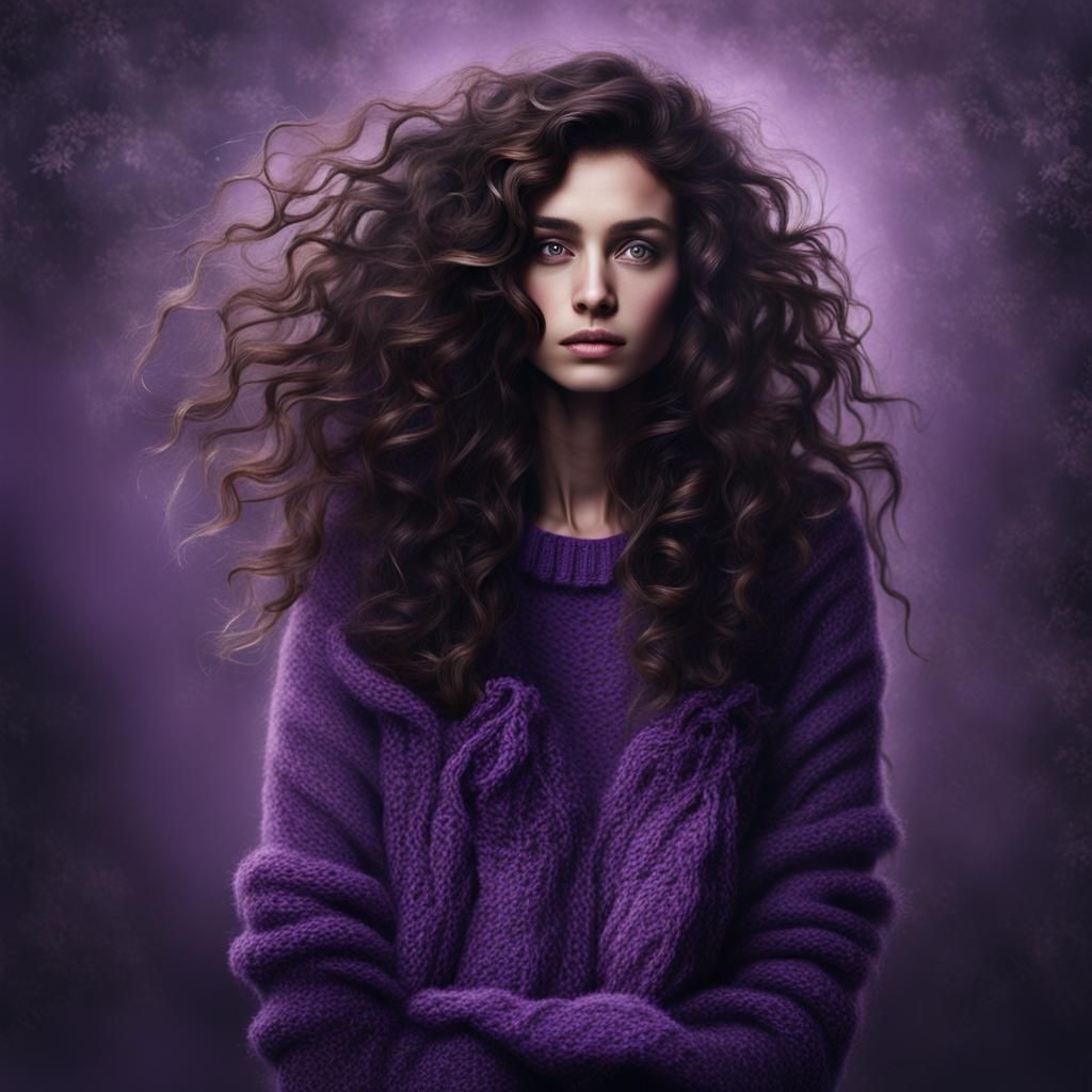 Beautiful Woman with Dark Curly Hair in Surrealism Style