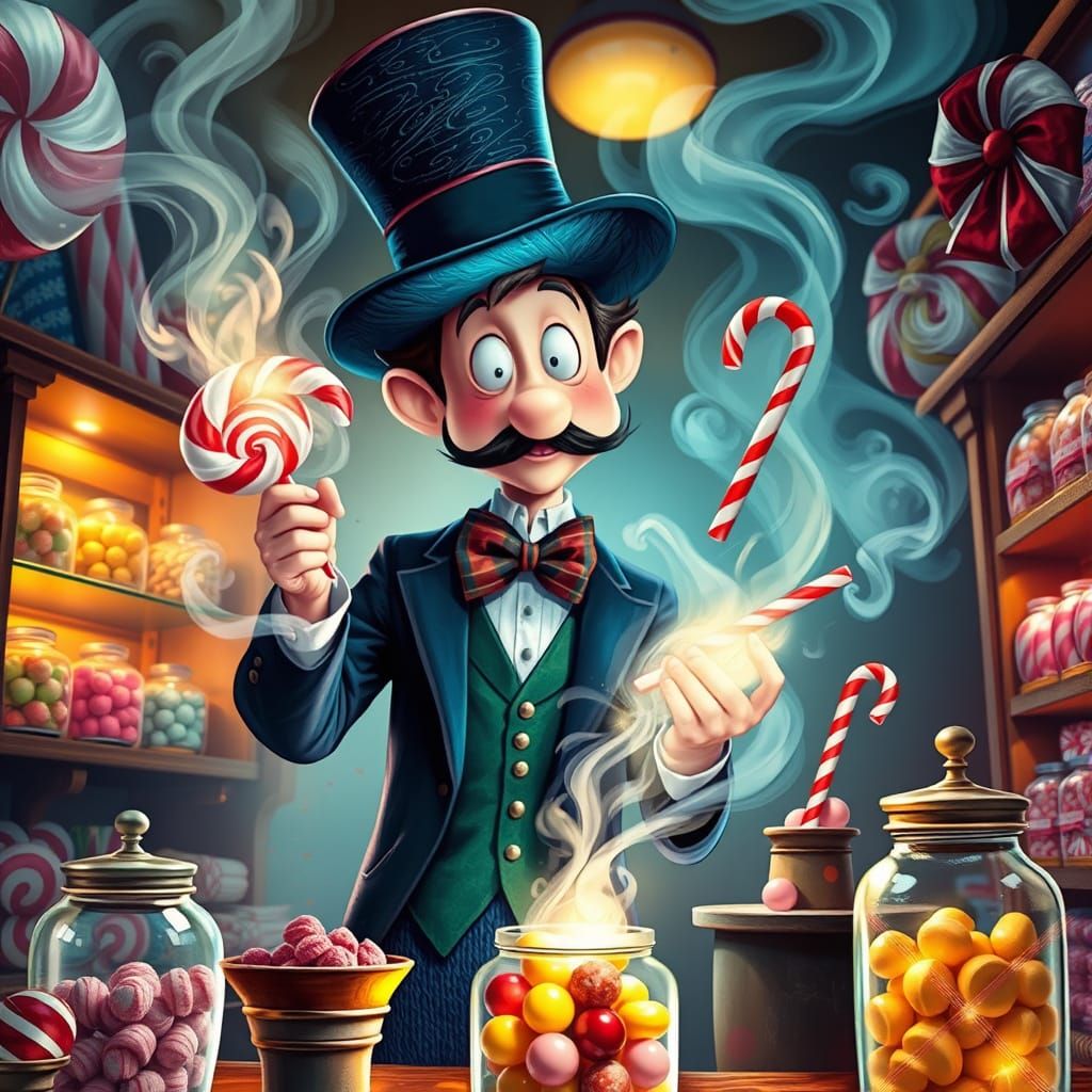 Whimsical Magician Levitate Candies in Storybook Style