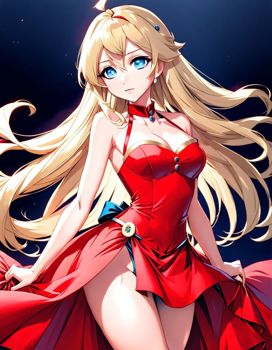 Anime Girl in Red Ballgown with Cute Expression