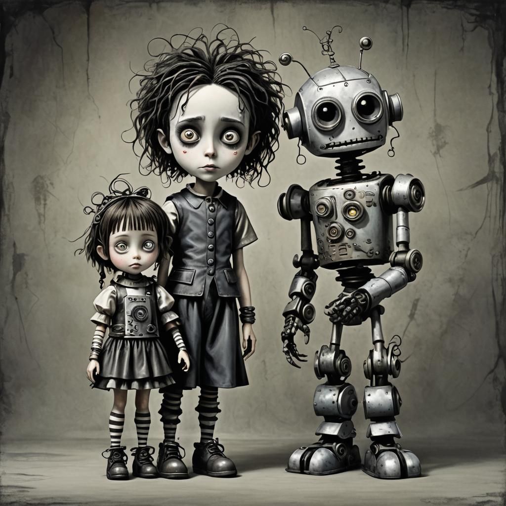 Girl and Robot Friend in Burtonesque Style