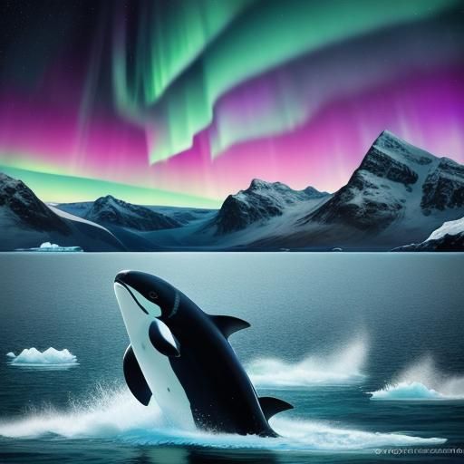 Wounded Orca Surfaces Under Arctic Aurora: Digital Art