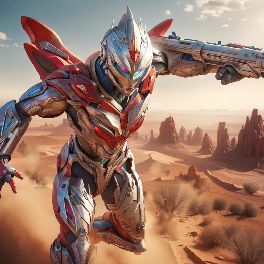 Ultraman as Transformer Flying in Desert Landscape