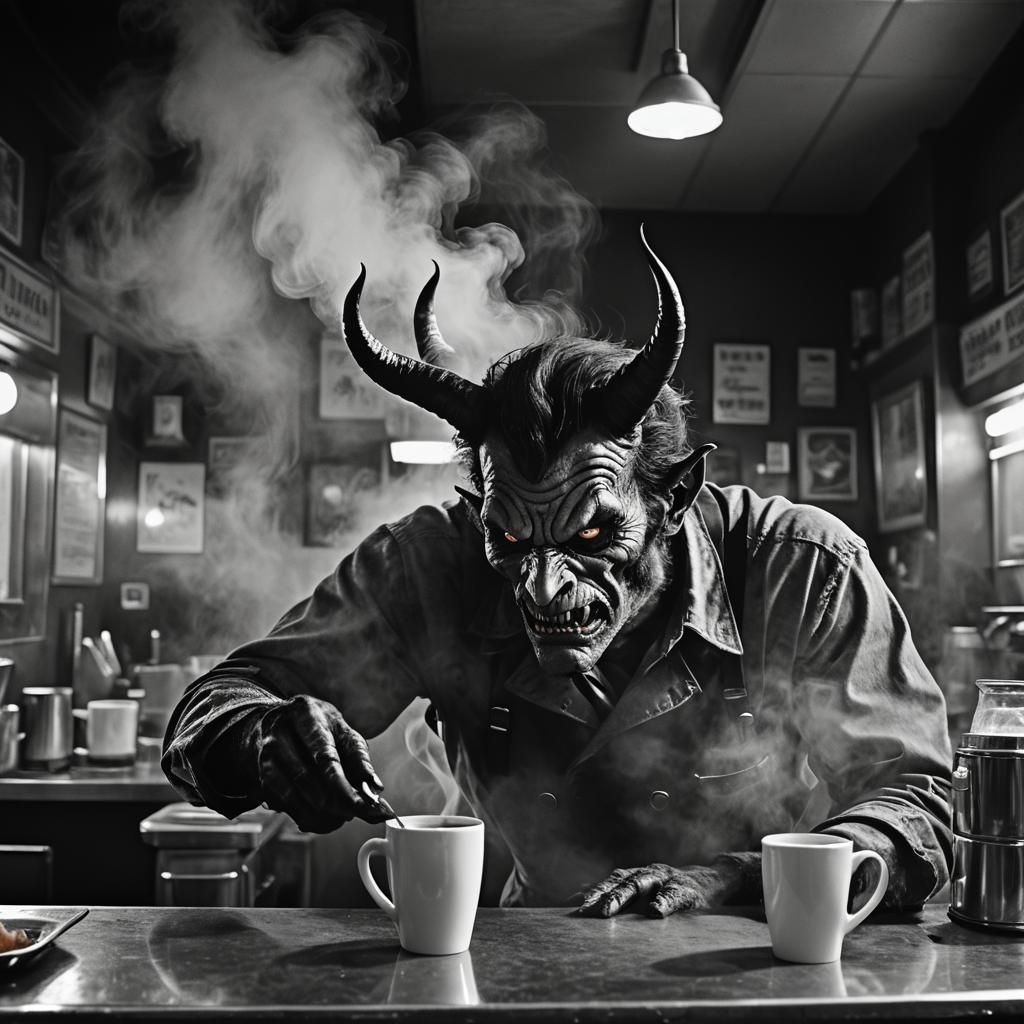 Noir Demon Brewing Coffee in Smoky Diner