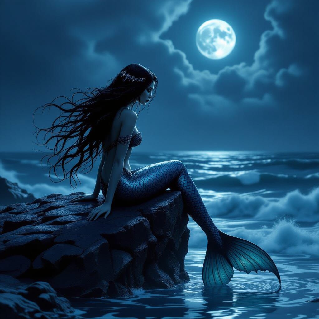 Melancholy Mermaid on Obsidian Rock