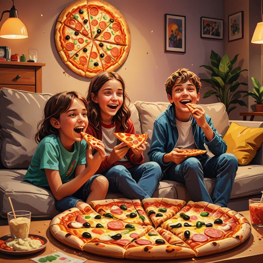 Children Enjoying Pizza: Vibrant Digital Art