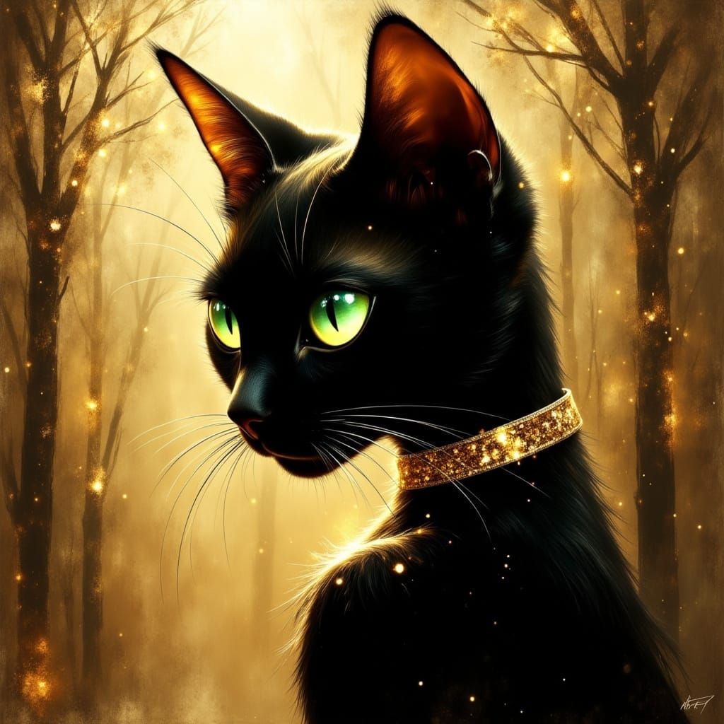 Whimsical Watercolor Black Cat with Golden Accents