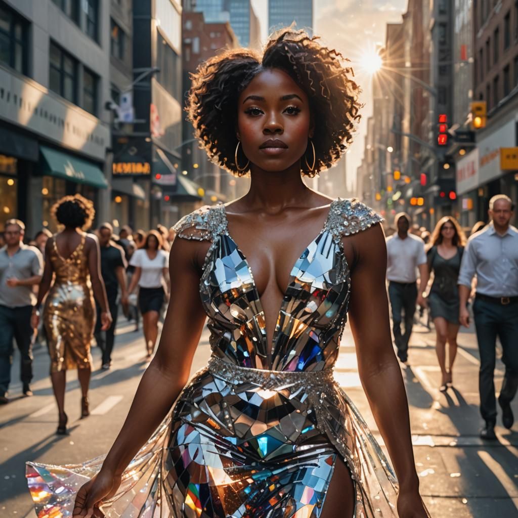 Radiant Woman in Crystal Dress, Hyper-Realistic City Portrai...