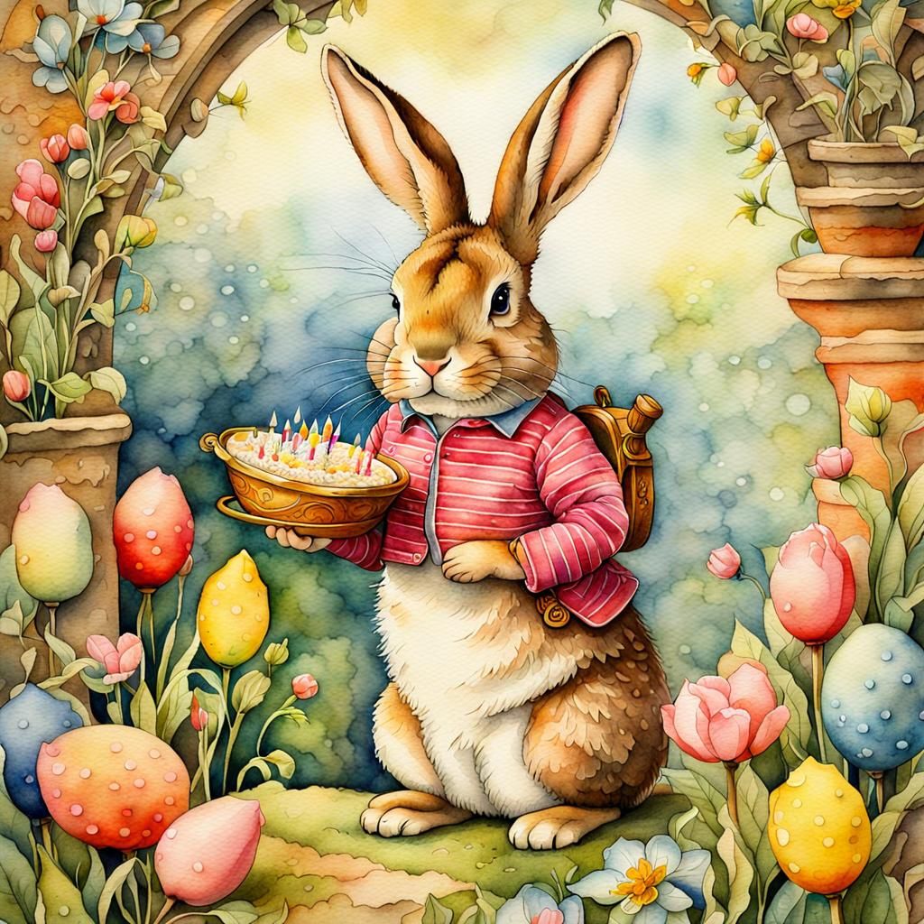 Watercolor Bunny Birthday Storybook Illustration