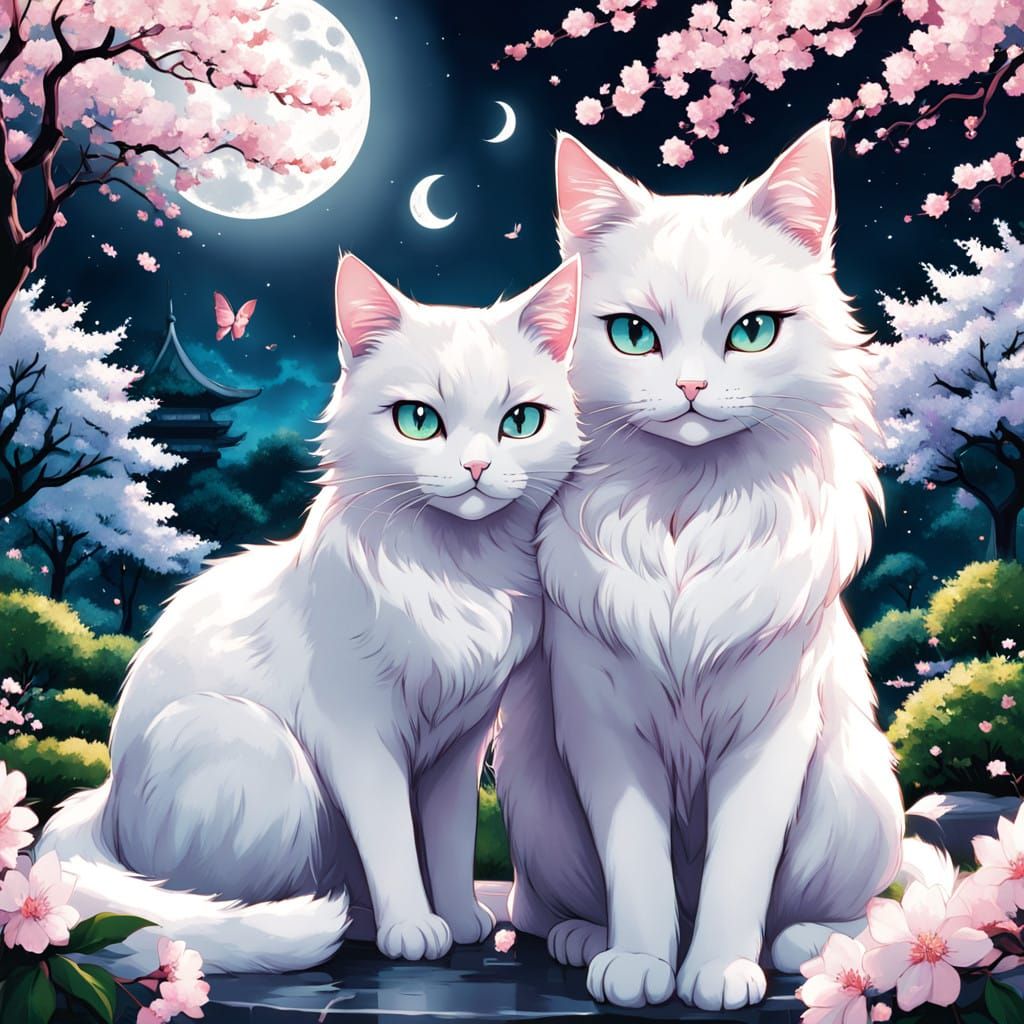 Majestic Cats in a Moonlit Japanese Garden
