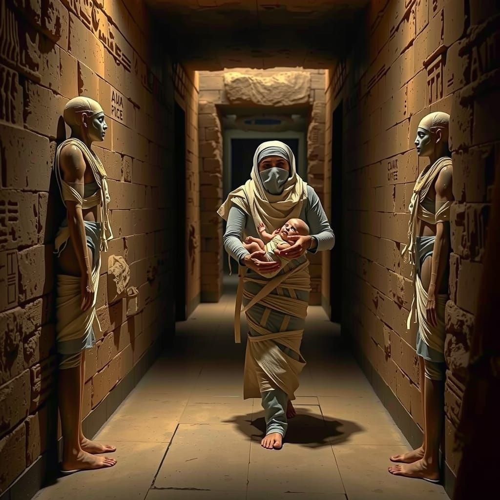 Ancient Mummy and Infant in Egyptian Tomb