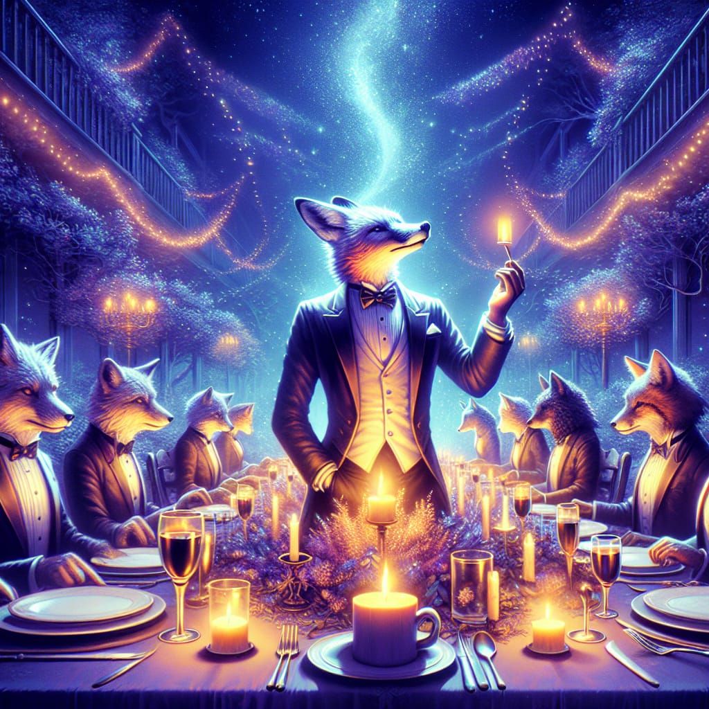 Fox Tuxedo Dinner Party in Matte Painting Style