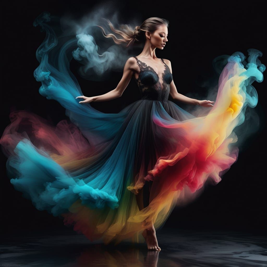 Rainbow Smoke Dancer in Flowing Dress