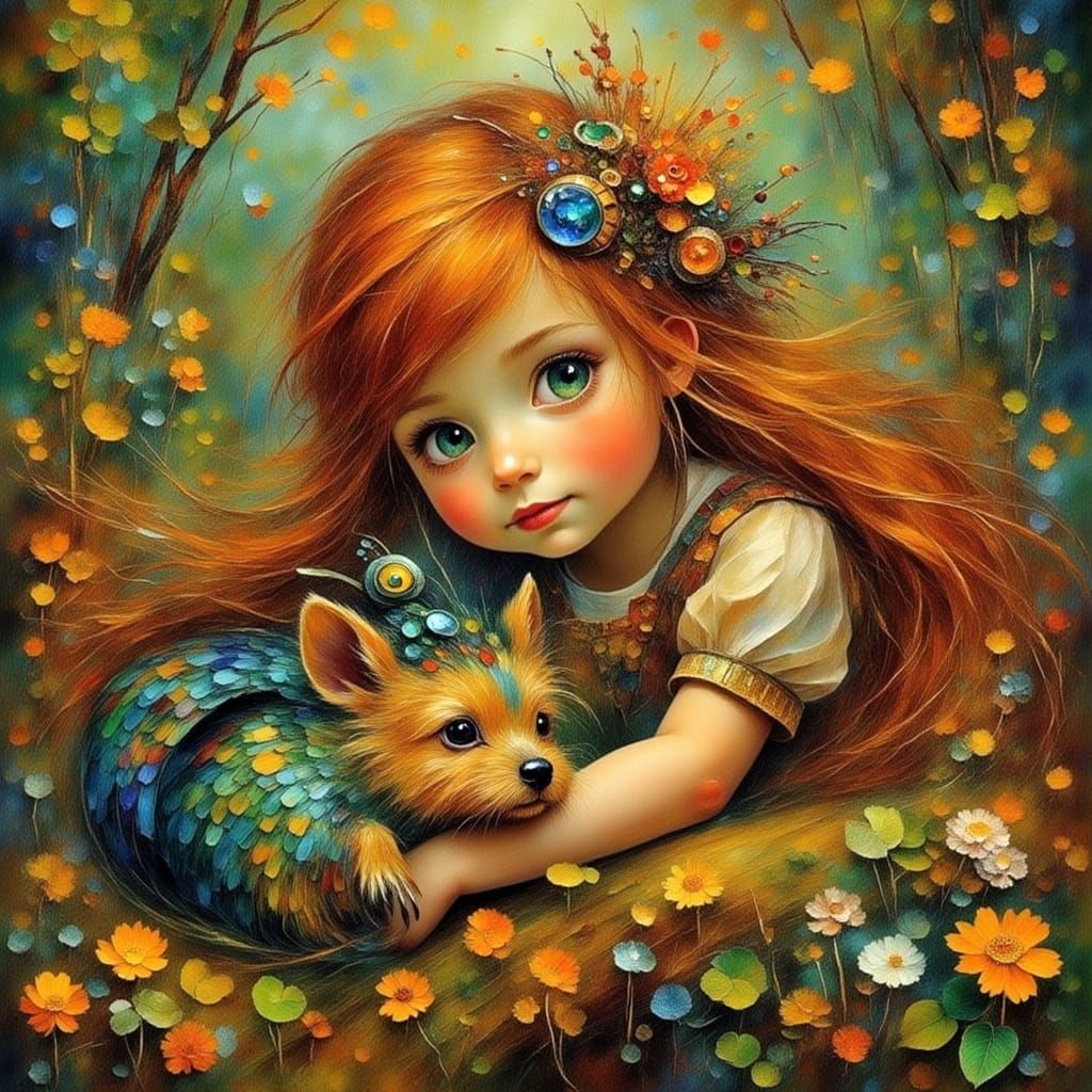 Girl and Yorkie in Whimsical Watercolor Scene