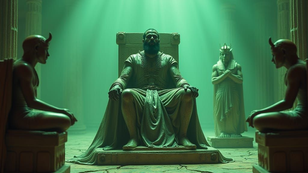 Regal Alien King Sits on VHS Cassette Throne Among Cracked E...