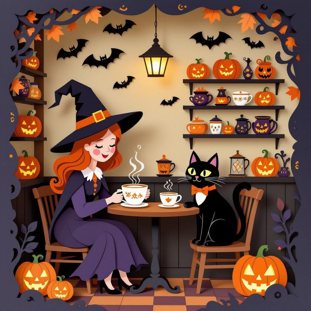 Cozy Halloween Cafe Paper Cut Art