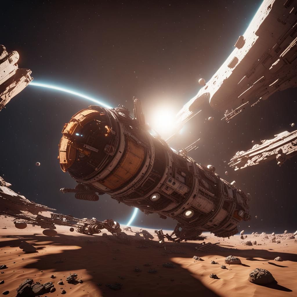 Wrecked Spaceship Orbits Brown Planet in 3D Style