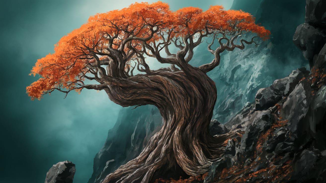 Vibrant Autumn Tree on Rocky Cliffside in Fantasy Art