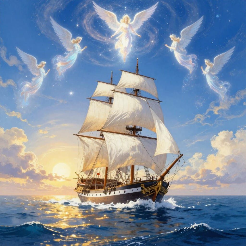 Epic Sailing Ship on Shimmering Sea Under Hopeful Sky