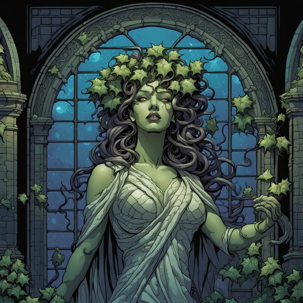 Stained Glass Medusa in Cemetery with Luminous Ivy