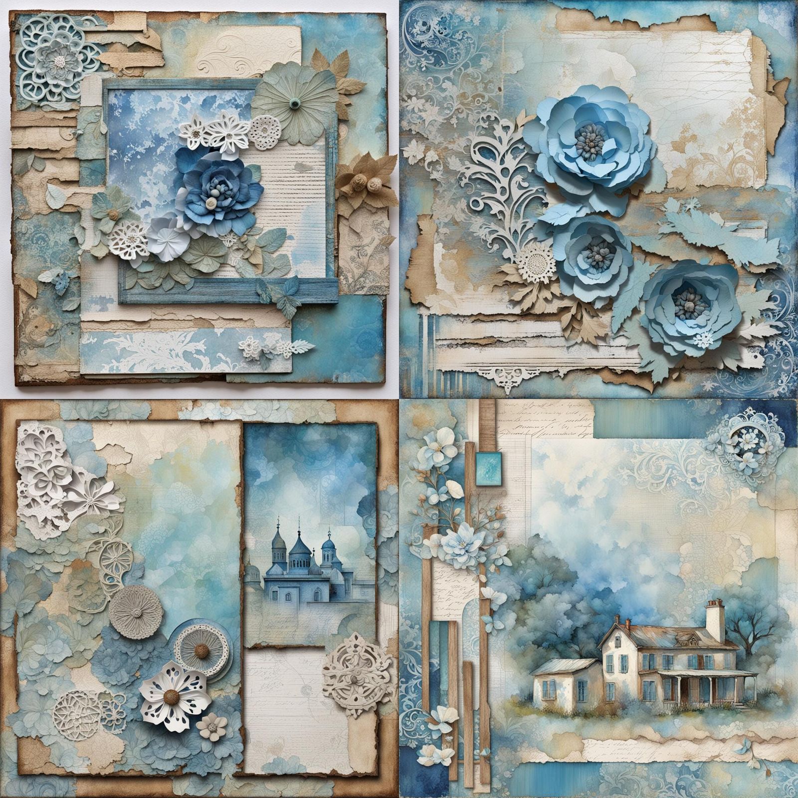Pastel Blue Collage Background with Mixed Media Elements