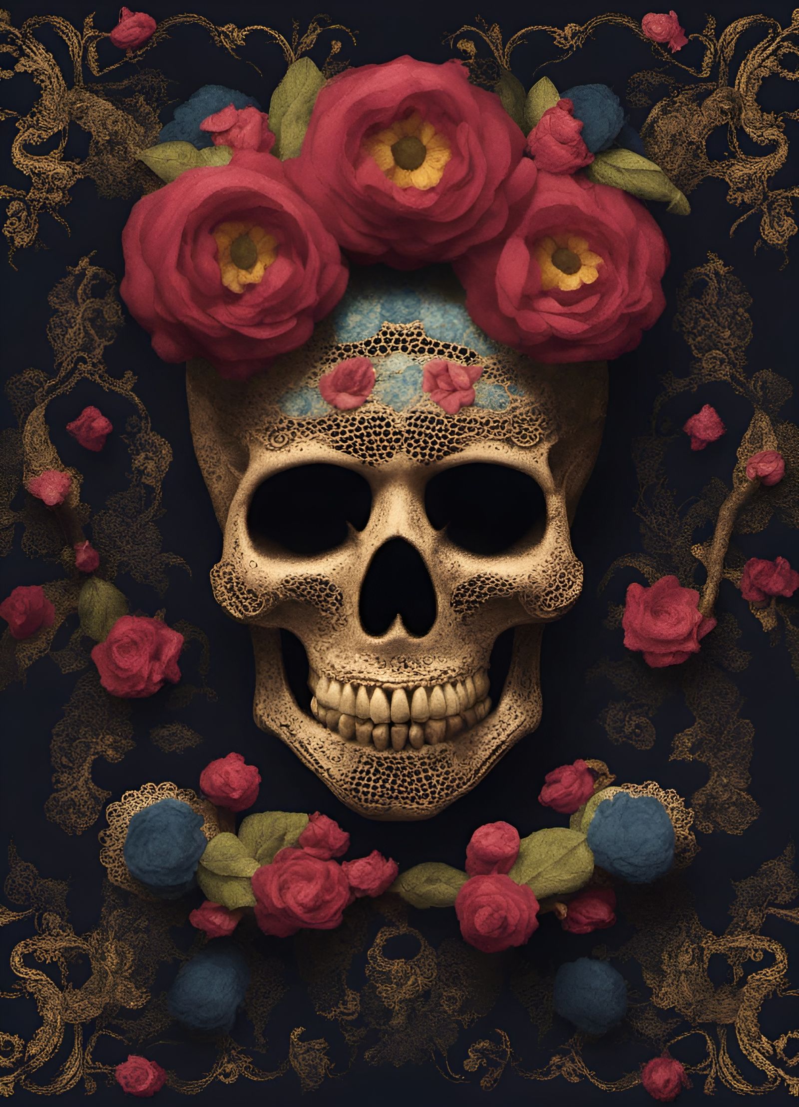 Floral Skulls in Embroidered Tapestry Style