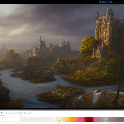 Fantastical Castle Beside River in Matte Painting Style