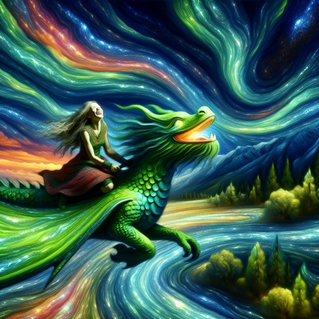 Youthful Woman Rides Emerald Dragon in Fantastical Lands