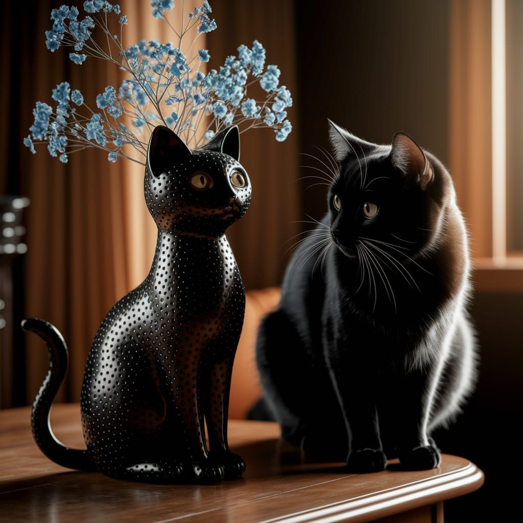 Ceramic Cat Vase with Flowers in Moody Lighting