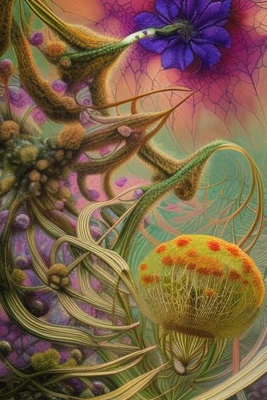 Surreal Mycelium Flower in Forest, Rich Colors