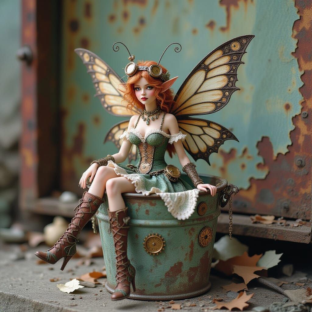 Steampunk Fairy in Trash Receptacle